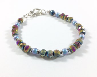 Rainbow Druzy Bracelet with Iridescent Light Blue Swarovski Pearls, gift for her, agate bracelet, silver bracelet