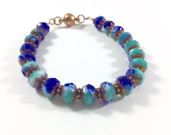 Blue Czech Glass Bracelet with Copper Findings, gift for her, something blue, bride gift, Mother's Day, turquoise bracelet