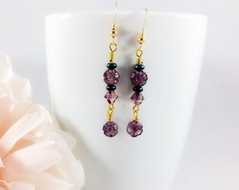 Purple Czech Glass Flower and Swarovski Bicone earrings, gift for her, gold earrings, beaded earrings, spring earrings