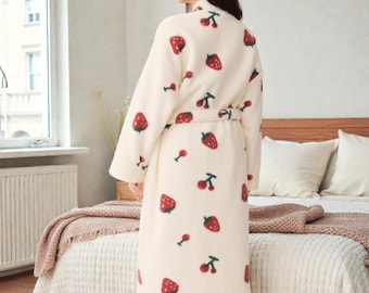 Conjunto de pijama de bata de baño de forro polar coral grueso para mujer y pareja / Bata larga con estampado acogedor / Ropa de dormir de invierno