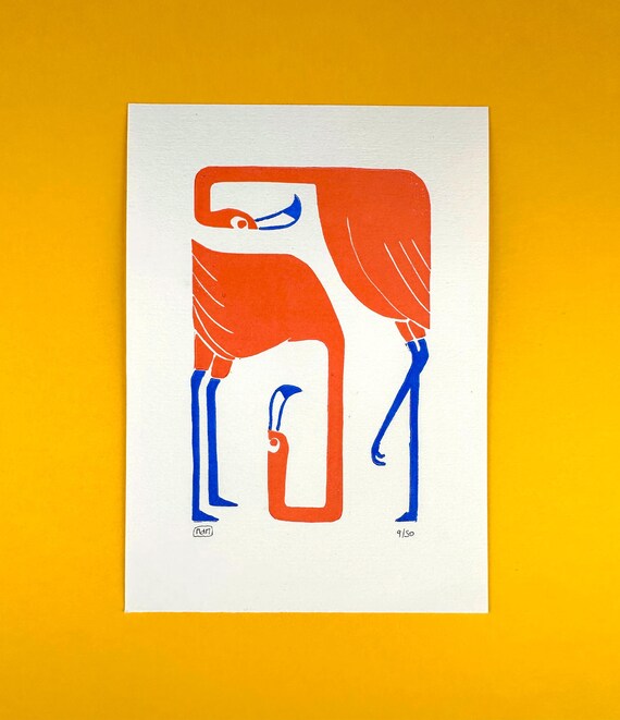Linogravure originale - Flamants roses - signée et numérotée