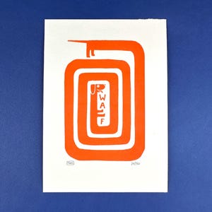 May include: Orange and white art print featuring a stylized dachshund dog within a rectangular spiral. The word "WALF" is vertically printed inside the dog's body. The print is numbered 24/50.