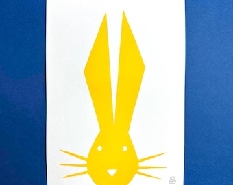 Original Linocut Print – Yellow Easter Rabbit, Signed Numbered (15x21cm)