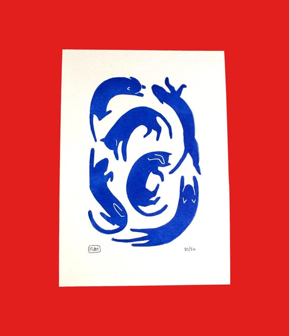 Linogravure originale - Chats bleus - signée et numérotée