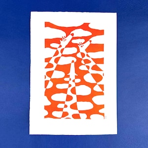 May include: An orange and white abstract art print featuring a giraffe design. The artwork has a geometric pattern with a blue background. The giraffe's form is created with a combination of orange and white shapes.