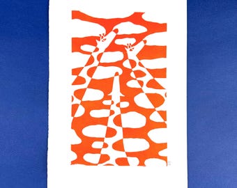 Linogravure originale - Girafes oranges - signée et numérotée