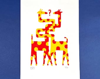 Linograbado original - Girafes entremelées - signée et numérotée