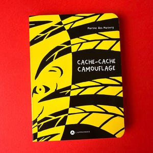 May include: A yellow and black book titled "CACHE-CACHE CAMOUFLAGE" by Marine des Mazery. The cover features a graphic design with a face and abstract shapes. The book is set against a red background.
