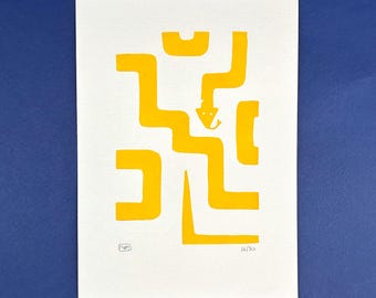 Linogravure originale - Serpent jaune - signée et numérotée