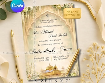 Goud groene bloemen digitale Sikh Akhand pad uitnodiging sjabloon Canva bewerkbare elegante Punjabi gouden tempelpad uitnodigingskaart bruiloft