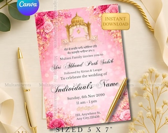 Roze bloemen Akhand Path uitnodigingssjabloon voor Punjabi bruiloft zacht roze Punjabi bruiloft pad uitnodigen Rose Gold Shri Sukhmani Sahib pad