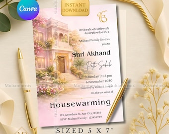 Bewerkbare sikh housewarming uitnodiging sjabloon aquarel Punjabi Griha Pravesh mobiel uitnodigen roze Punjabi housewarming ceremonie kaart