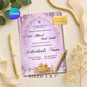 Pode incluir: Um convite de casamento lavanda com detalhes dourados, com texto em inglês e punjabi. O design inclui elementos florais, uma ilustração de templo dourado e o texto "Download instantâneo". O convite mede 12,7 x 17,8 cm.