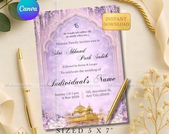 Luxe paarse Shri Akhand Path uitnodigingssjabloon Canva bewerkbaar pad bruiloft uitnodigingskaart lavendel bloemen Akhand Path Sahib kaart