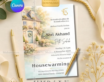 Pastel Indiase housewarming uitnodiging sjabloon digitale Desi housewarming uitnodigingskaart bewerkbare Sikh Griha Pravesh uitnodigingskaart