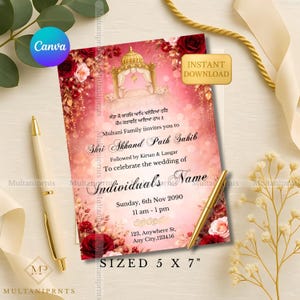 Pode incluir: Um convite de casamento rosa e vermelho com detalhes florais e dourados. O convite inclui texto em inglês e outra língua, com as palavras "Shri Akhand Path Sahib" e "Individuals Name". O convite mede 12,7 x 17,8 cm.
