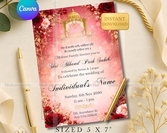 Rode bloemen Akhand Path bruiloft uitnodiging sjabloon Sikh Bourgondië Punjabi bruiloft pad uitnodigen Rose Gold Shri Sukhmani Sahib pad uitnodiging