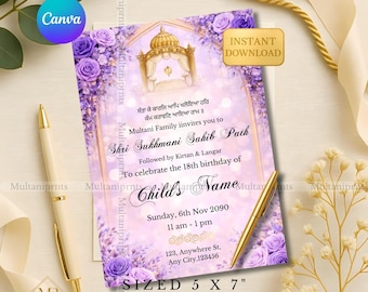 Paarse lavendel bloemen Shri Sukhmani Sahib pad bruiloft uitnodiging sikh bruiloft pad uitnodigen Punjabi bruiloft pad uitnodiging Canva sjabloon