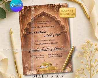 Bruin Sukhmani Sahib pad uitnodiging sjabloon Canva bewerkbare sikh religieuze uitnodigingskaart bruin goud Akhand pad ceremonie digitale uitnodigen