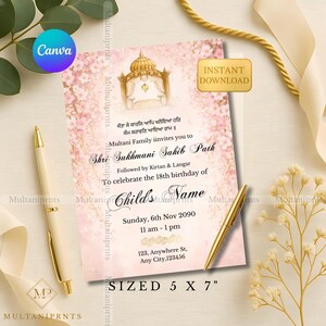 Pode incluir: Cartão de convite floral rosa com detalhes dourados. O cartão apresenta texto em inglês e outro idioma, com as palavras "Shri Sukhmani Sahib Path" e "Child's Name". O cartão mede 12,7 x 17,8 cm.
