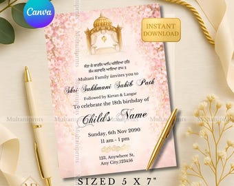 Digitale Sikh Sukhmani Sahib pad uitnodiging sjabloon WhatsApp roze bloemen Punjabi pad uitnodiging bewerkbare roze verjaardagspad uitnodigen