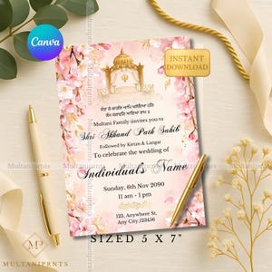 Convite de casamento Akhand Path floral rosa editável, modelo editável para WhatsApp, convite Akhand Path Sahib, Canva editável