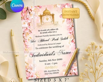 Bewerkbare roze bloemen Akhand Path bruiloft uitnodiging sjabloon Punjabi bruiloft pad Whatsapp uitnodiging Akhand Path Sahib evite Canva bewerkbaar