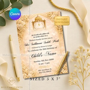 Convite floral dourado champanhe Shri Sukhmani Sahib Path, modelo de convite de casamento Sikh modelo de convite de aniversário digital Akhand path