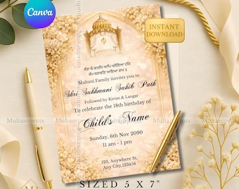 Champagne gouden bloemen Shri Sukhmani Sahib pad uitnodiging, sikh bruiloft pad uitnodigingssjabloon digitale Akhand pad verjaardagsuitnodiging
