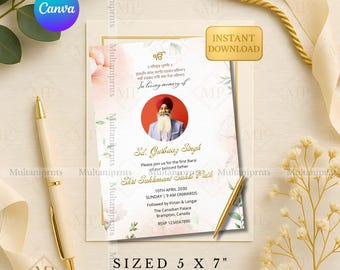 Aquarel perzik bloemen Sikh Barsi uitnodiging sjabloon eerste dood verjaardag Memorial Card Sukhmani Sahib Path Kirtan Langar uitnodigen Canva