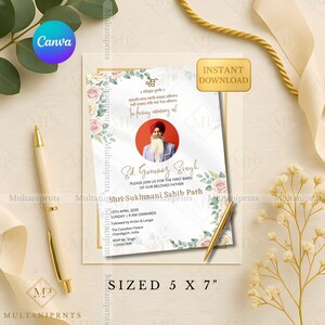 May include: An invitation card with a floral border and the text "Instant Download". The card includes a photo of a man in a turban and text in English and another language. The card is sized 5 x 7 inches.