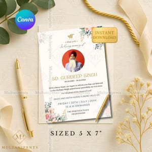 May include: A memorial card with a portrait of a man in a turban, surrounded by floral accents. The card includes text in English and Punjabi, with the size listed as 5 x 7 inches. The card is an instant download.