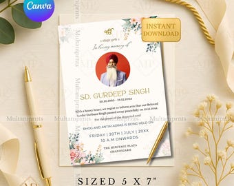 Sjabloon voor aankondiging van een sikh-begrafenis | Antim Ardas Bhog-kaart | Punjabi-herdenkingsuitnodiging | Barsi Death Anniversary Canva Direct downloaden
