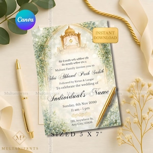 Pode incluir: Um convite de casamento com um design floral e uma ilustração dourada de um templo. O convite inclui texto em inglês e outro idioma, com o tamanho indicado como 12,7 x 17,8 cm. Uma caneta dourada e uma caneta creme são colocadas perto do convite.