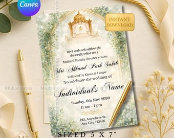 Akhand pad bruiloft uitnodiging sjabloon Sikh groen bloemen Punjabi bruiloft pad uitnodigen salie botanische Shri Sukhmani Sahib pad uitnodiging