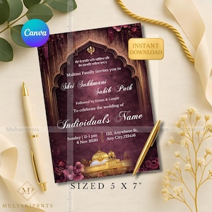 May include: A burgundy invitation card with gold accents, featuring text in English and another language. The card is sized 5 x 7 inches and includes a gold-domed building illustration. The design is for a wedding event.