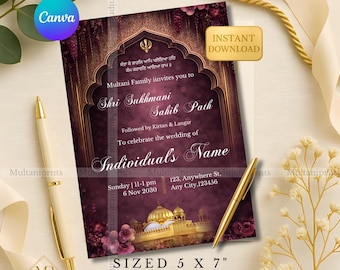 Luxe kastanjebruine sikh huwelijksuitnodiging sjabloon Canva bewerkbare Akhand Path mobiele uitnodigingskaart Punjabi Maroon Ipath huwelijksuitnodiging