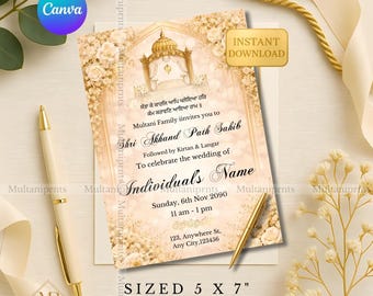 Goud ivoor Akhand pad uitnodigingssjabloon Sikh neutraal bruiloft pad uitnodigen elegante crème pad uitnodigingssjabloon Instant download