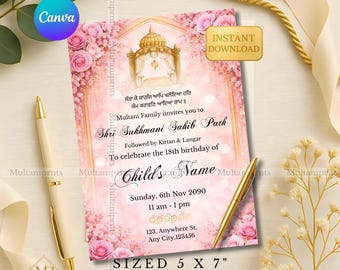 Roze bloemen rozen Shri Sukhmani Sahib pad uitnodiging, sikh religieuze verjaardagsuitnodiging, Kirtan Langar ceremonie Punjabi pad sjabloon