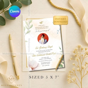 May include: A cream-colored invitation card with gold accents, featuring floral and leaf illustrations. The card includes text in English and another language, with a photo of a man in a turban. The card is sized 5 x 7 inches.