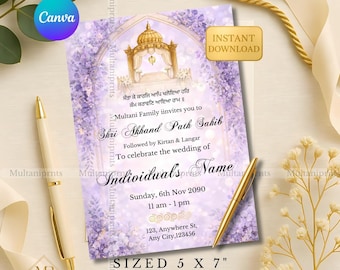 Paarse bloemen Akhand Path bruiloft uitnodiging sjabloon lavendel Punjabi bruiloft pad uitnodigen lila Shri Sukhmani Sahib pad uitnodiging Canva