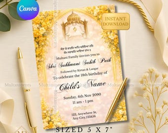 Geelgouden bloemen Shri Sukhmani Sahib pad uitnodiging sikh bruiloft uitnodiging sjabloon Punjabi verjaardagspad uitnodigen, 5 x 7 Canva sjabloon