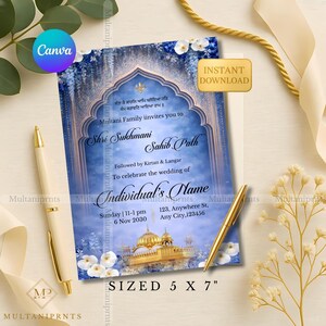 Blue Sukhmani Sahib Path Invitation Template Editable Sikh Akhand Path Invitation Card Blue Floral Religious Sikh Invitation Canva 5X7