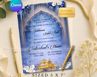 Blauwe Sukhmani Sahib Path uitnodigingssjabloon bewerkbare Sikh Akhand Path uitnodigingskaart blauwe bloemen religieuze Sikh uitnodiging Canva 5 x 7