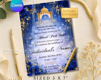 Royal Blue Akhand Path bruiloft uitnodiging sjabloon Sikh marineblauw Punjabi bruiloft pad uitnodigen luxe blauw goud Shri Sukhmani Sahib pad