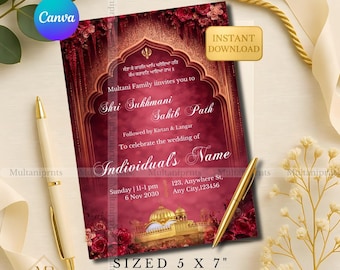 Royal Red Shri Sukhmani Sahib pad uitnodiging sjabloon Canva bewerkbare rode Akhand pad bruiloft uitnodigingskaart digitale download mobiel