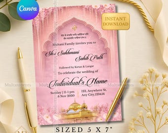 Roze sikh pad uitnodiging sjabloon blush roze Shri Sukhmani Sahib bruiloft huwelijk uitnodigen bloemen Akhand pad uitnodiging kaart digitale download