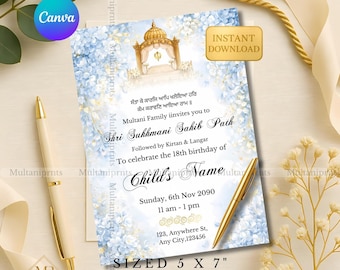 Pastelblauwe bloemen Shri Akhand Path Sahib uitnodiging sjabloon digitale elegante blauw gouden Shri Sukhmani Sahib Path uitnodiging WhatsApp uitnodigen
