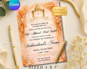 Oranje bloemen Akhand Path bruiloft uitnodiging sjabloon Sikh Peach Punjabi bruiloft pad uitnodigen elegante bloemen boog pad uitnodiging