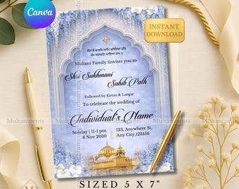 Pastelblauwe Sukhmani Sahib Path uitnodiging sjabloon Lila Shri Akhand Path mobiele uitnodigen elegante Punjabi bloemen Sukhmani Sahib uitnodiging